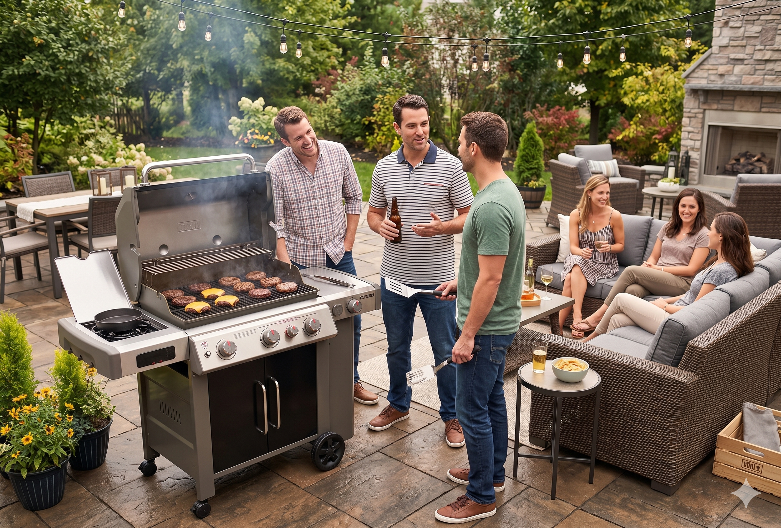 Backyard cookout with friends gathered around a Weber gas grill and a wicker outdoor sofa