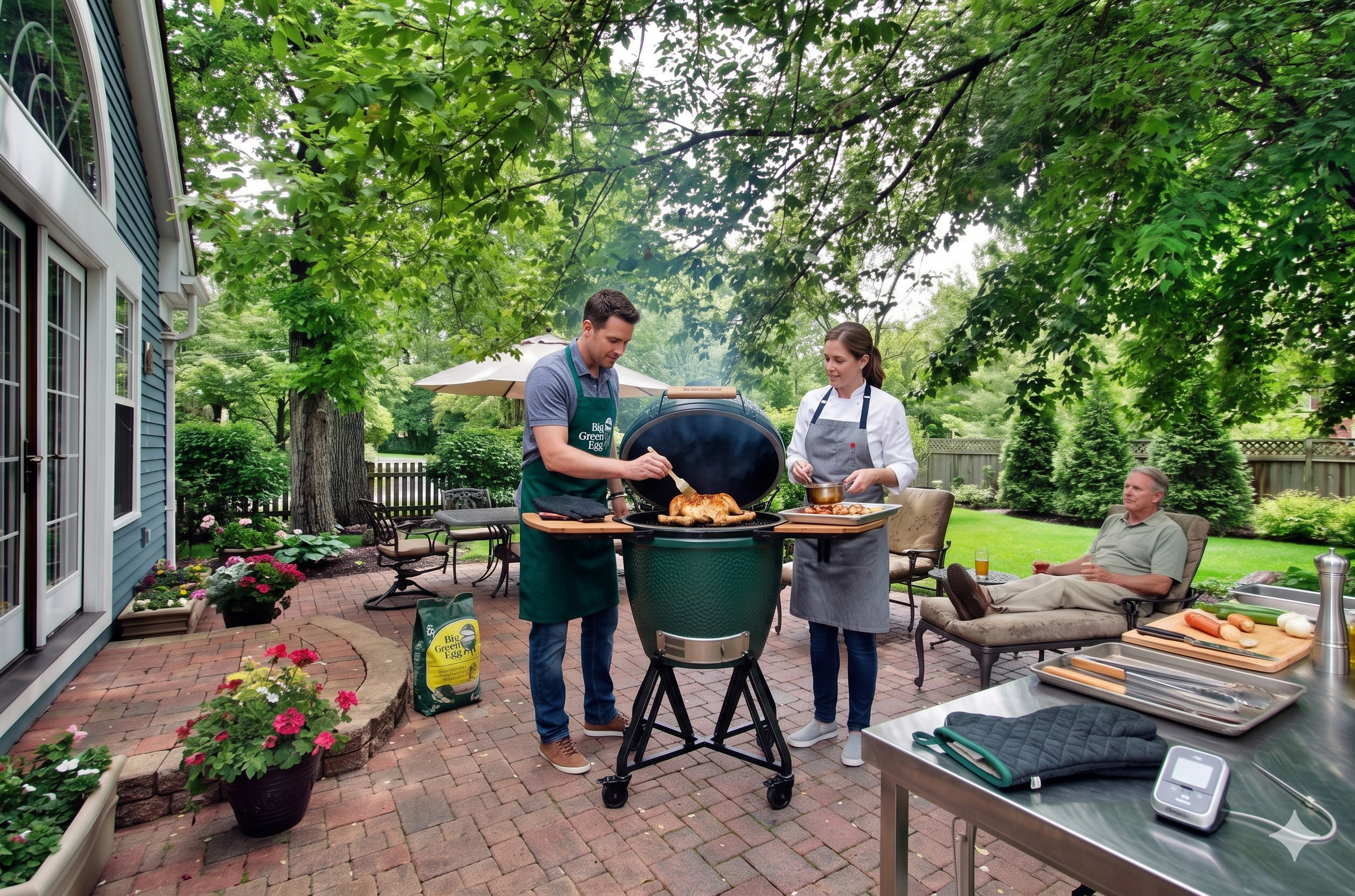 Couple cooking on a Big Green Egg kamado grill in a brick patio backyard