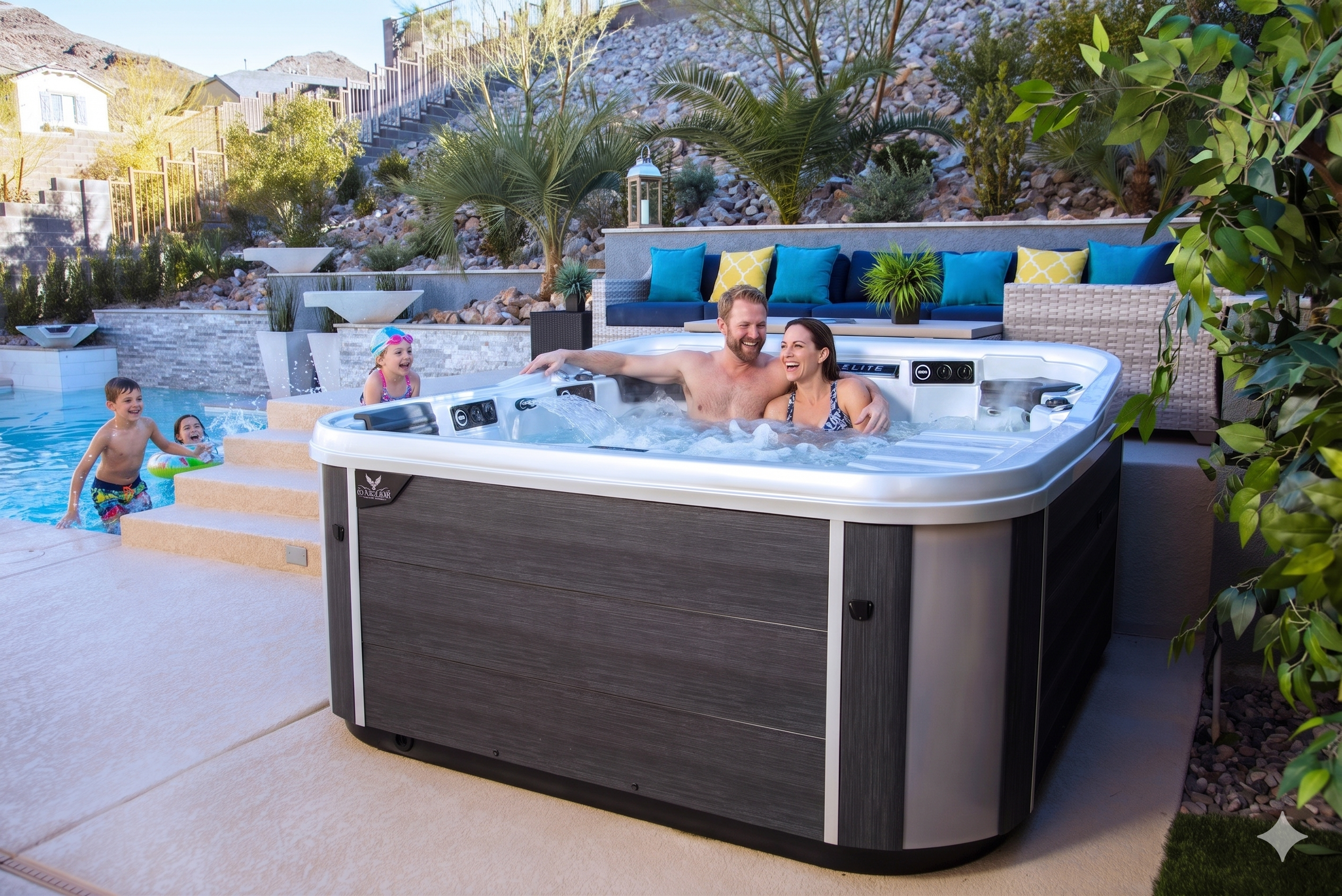 Couple in a hot tub while their kids play in the pool nearby