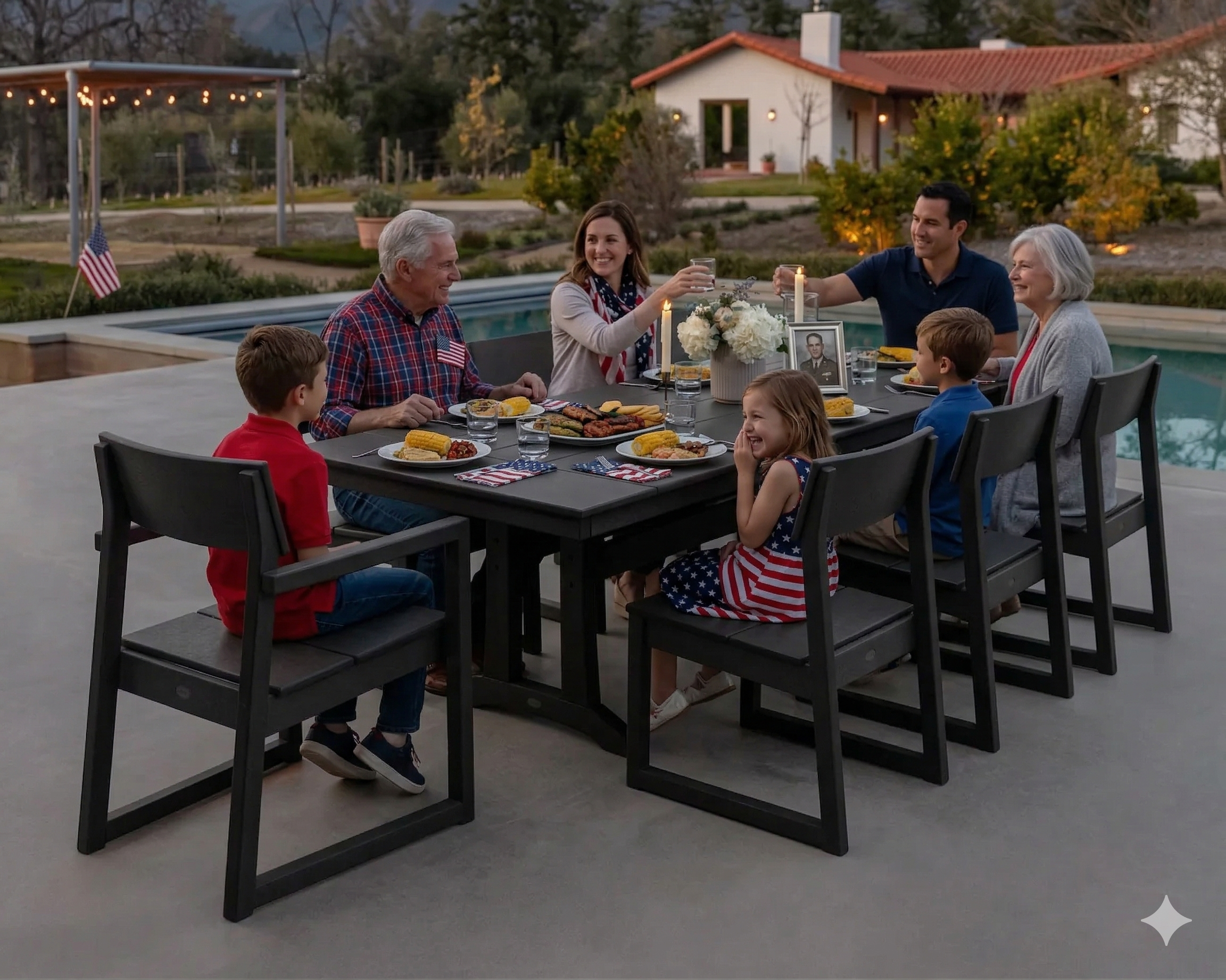 A multi-generational family of seven gathered for an outdoor holiday dinner with candles and string lights