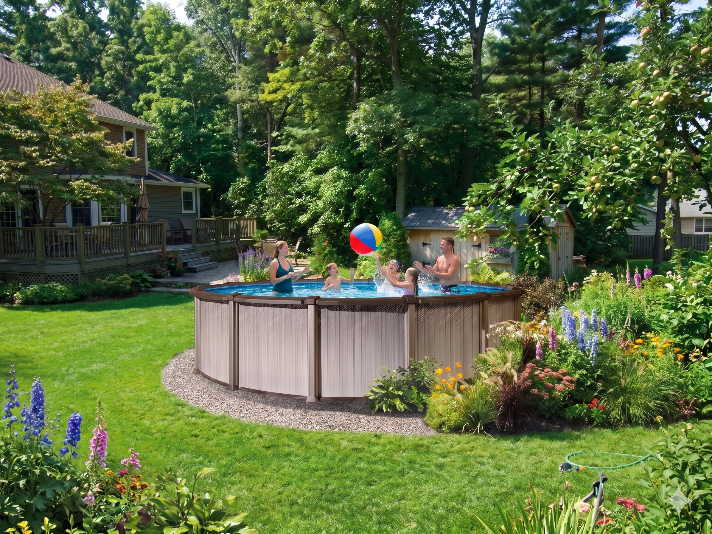 Family playing beach ball in an above-ground pool, surrounded by flower gardens