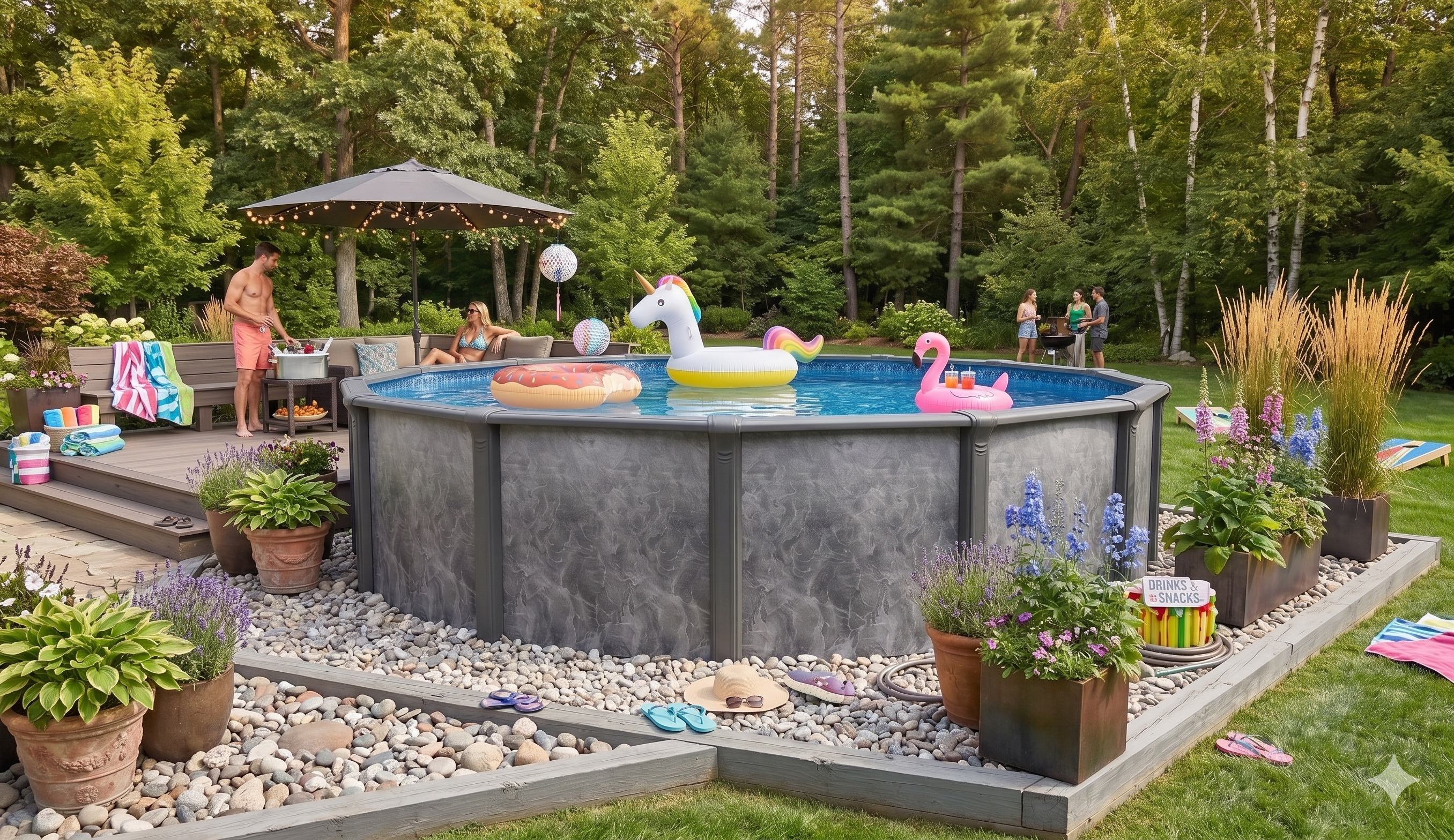 Pool with giant unicorn and flamingo floats, string lights and umbrella