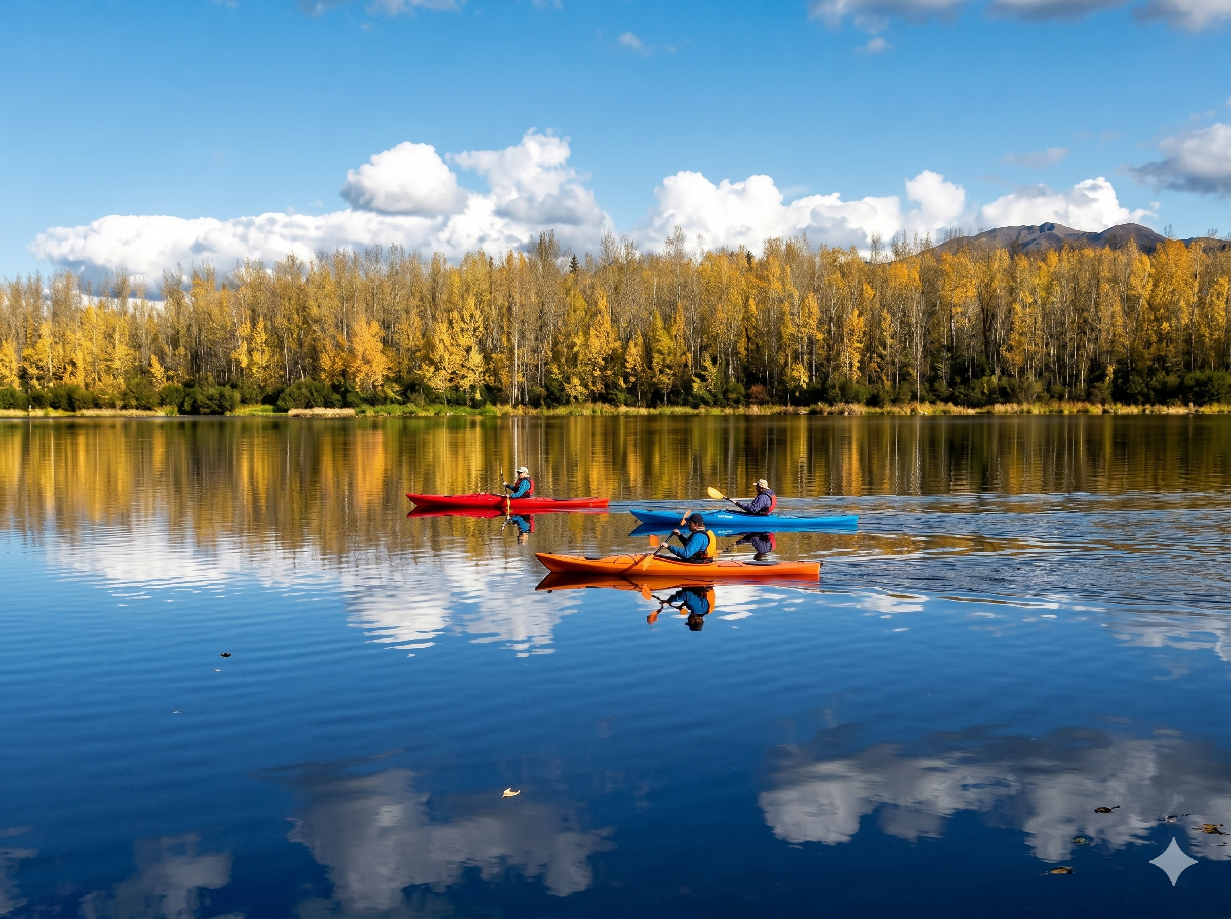 Three kayakers paddling on a mirror-smooth lake surrounded by golden autumn foliage and distant mountains
