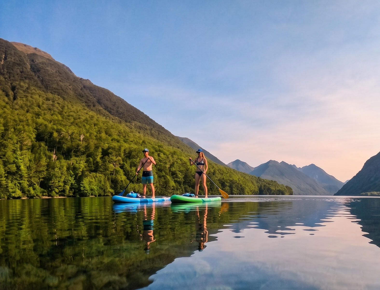 A couple on blue and green stand-up paddleboards on a glass-smooth alpine lake with mountains in the background